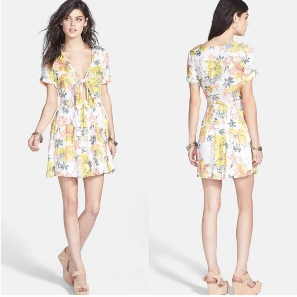Free People Part Time Lover Floral Tie Front Mini Dress Sz 4 yellow gray